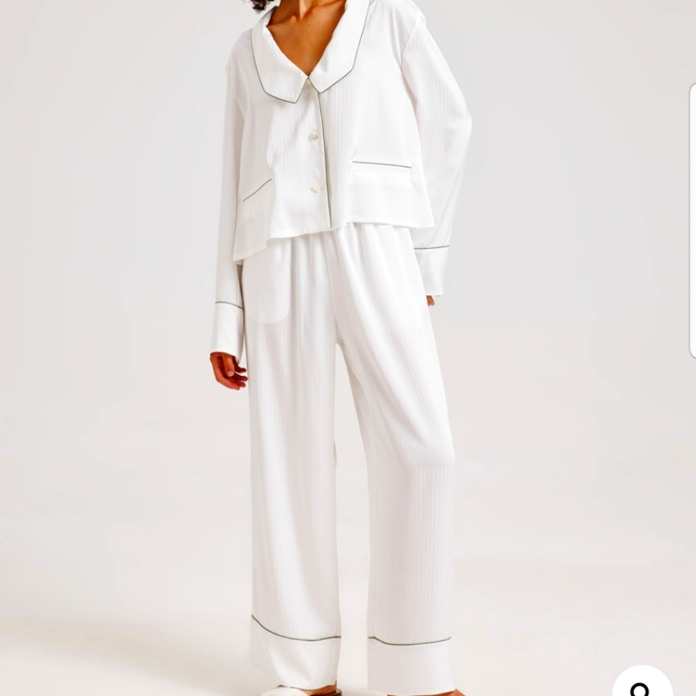The Lazy Cat PJ Set (White w/ Sage Trim) - Nap Loungewear